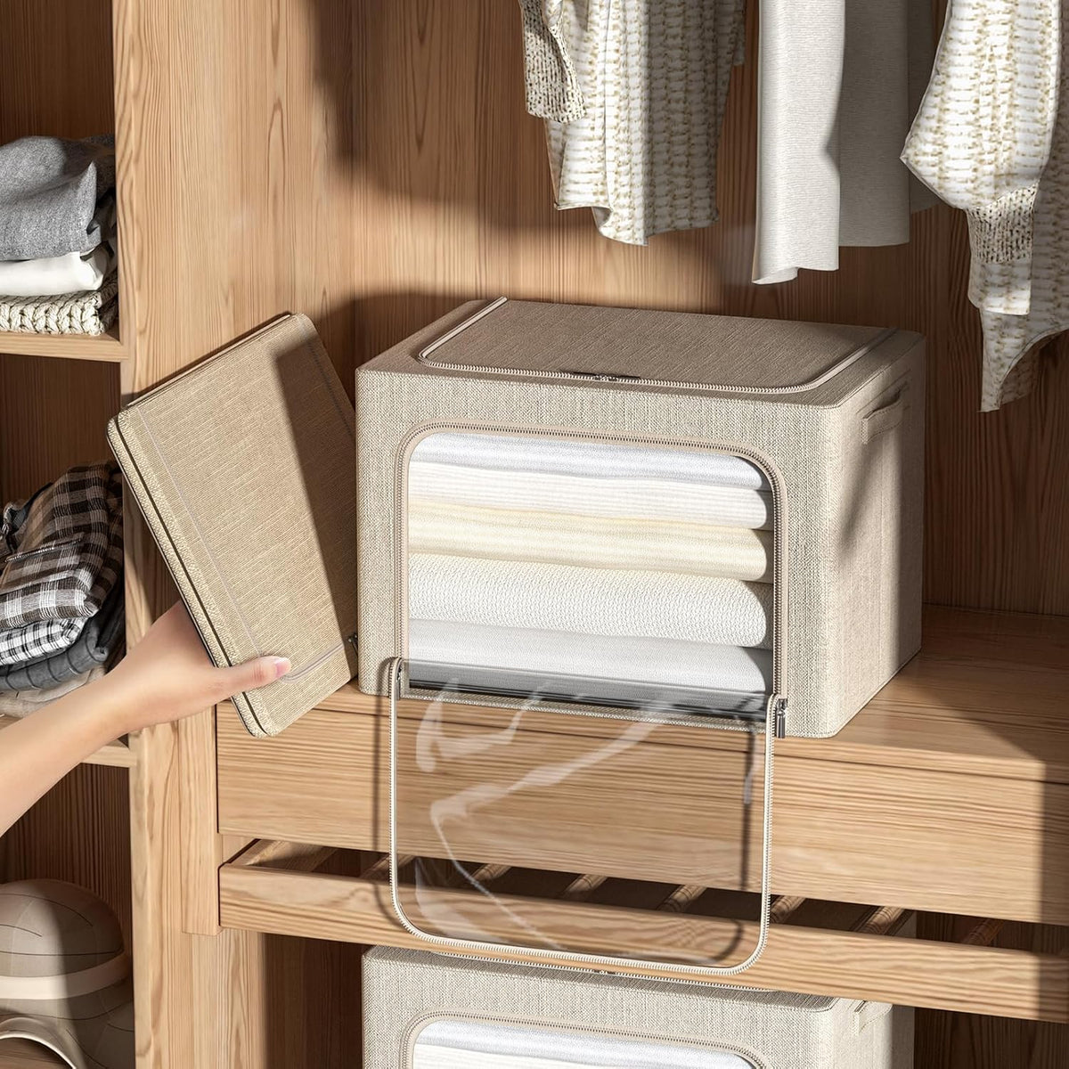 4 Pack Clothes Storage Bins with Metal Frame - Linen Fabric Foldable Stackable Container Organizer Set with Clear Window & Carry Handles & Zippers (Beige, 23.6"x16.5"x15.7")