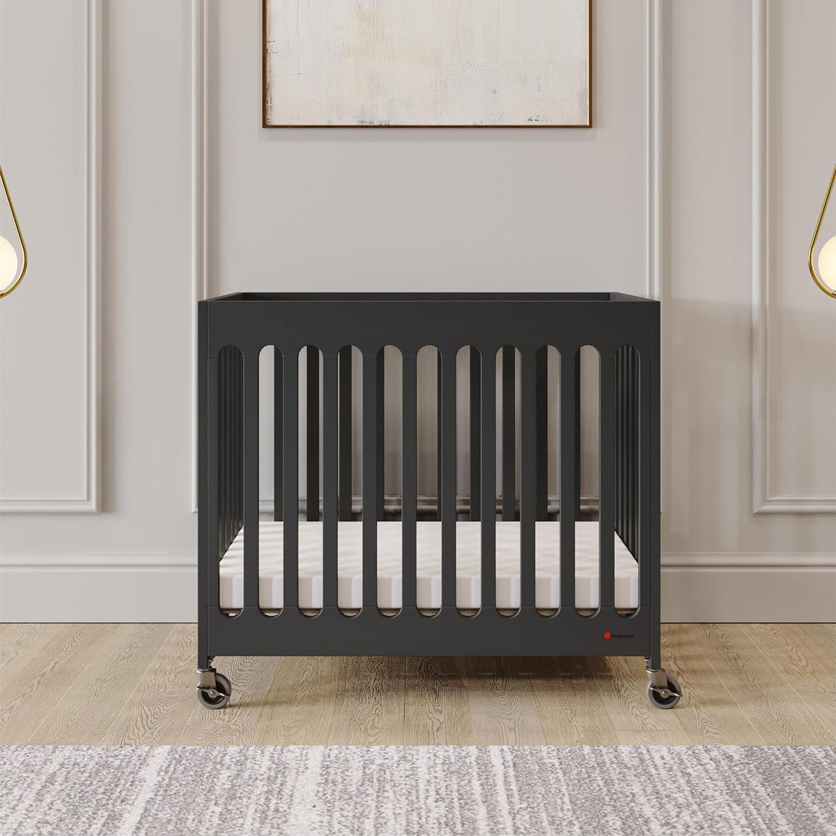 Foundations Boutique Folding Hotel Crib and Sheet Bundle - Includes Wooden Mini Crib with 3" Foam Mattress (Ebony) and 6-Pack White Fitted Compact Sheets