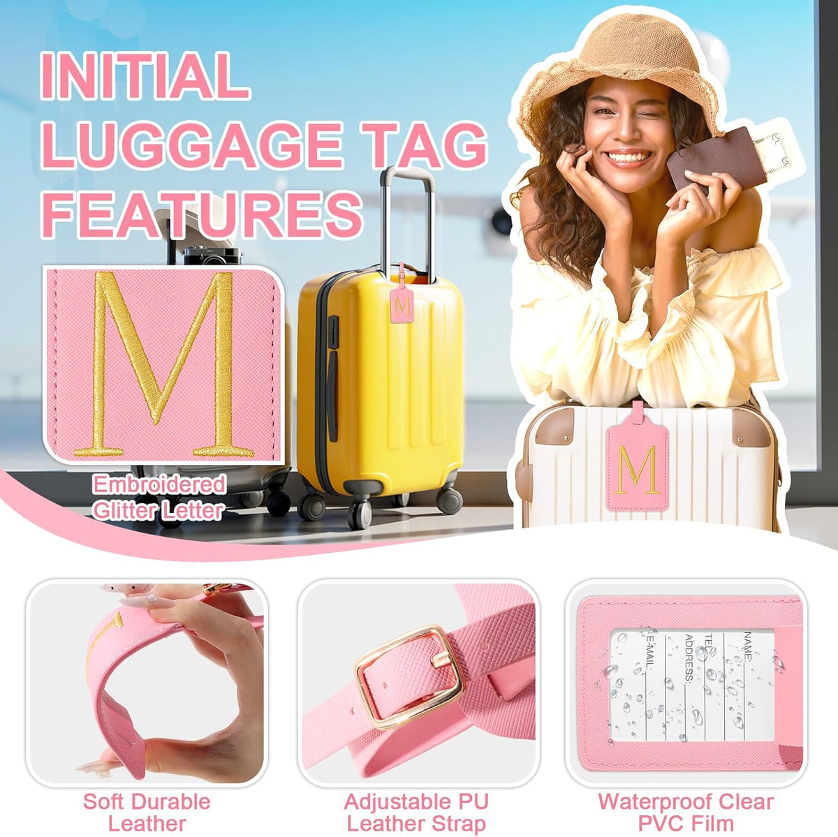 Personalized Initial Luggage Tags for Suitcase, Pink Leather Cute Luggage Tags with Privacy Cover Name Card, Embroidered Custom Monogrammed Luggage Tag Travel Bag Baggage Tags Gifts for Women Kids(M)