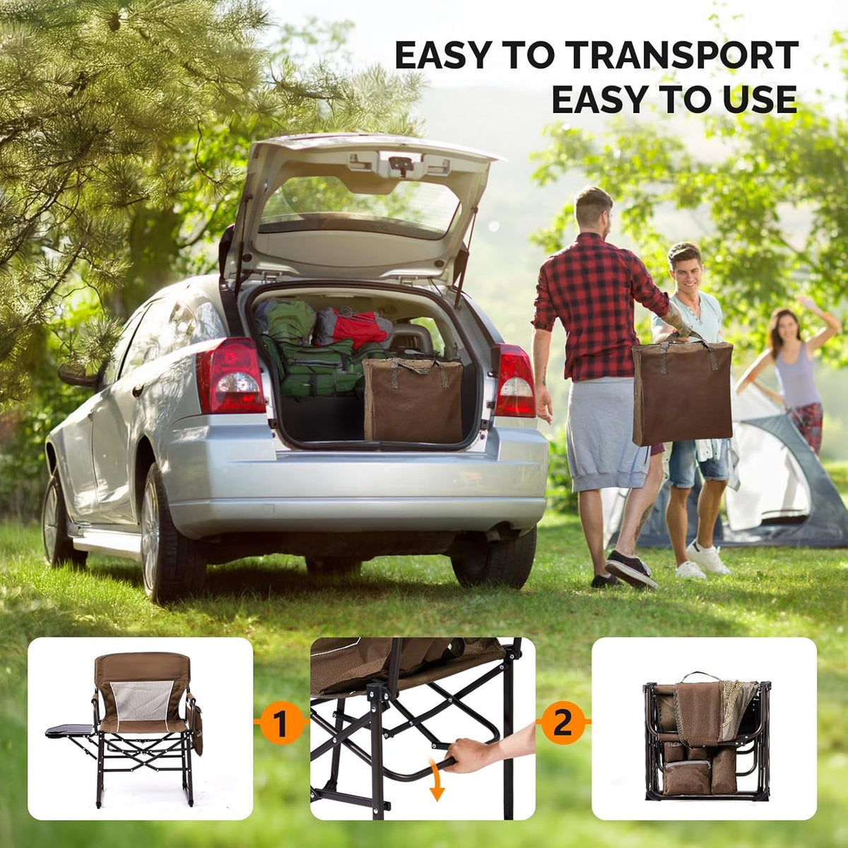 VINGLI Camping Chairs, Directors Chair, Camping Chair with Side Table & Carry Bag，Heavy Duty Camping Chairs for Adults,Portable Folding Camping Chair 2 Pack, for Beach, Fishing,Trip,Picnic,Lawn-Brown