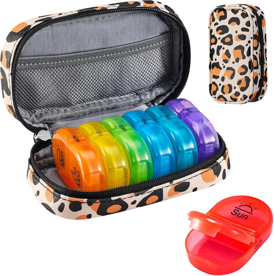 Serfeymi Weekly Travel Pill Organizer 2 Times A Day AM PM Upgraded Rainbow Pill Box 7 Day with Portable Zipper PU Leather Pill Case, Medicine Organizer for Pills, Vitamins, Fish Oils - Brown 02
