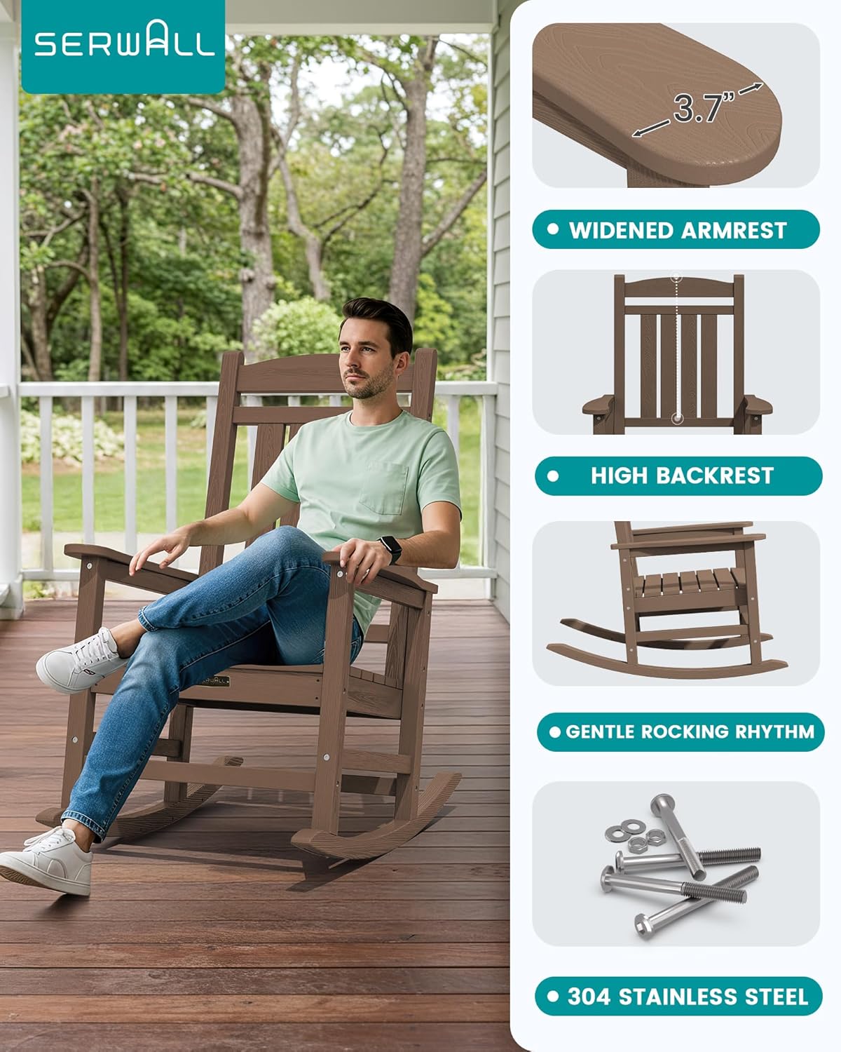 SERWALL Outdoor Rocking Chair Set of 2, HDPE Patio Rocking Chair All-Weather Porch Rocker for Balcony, Yard, Brown