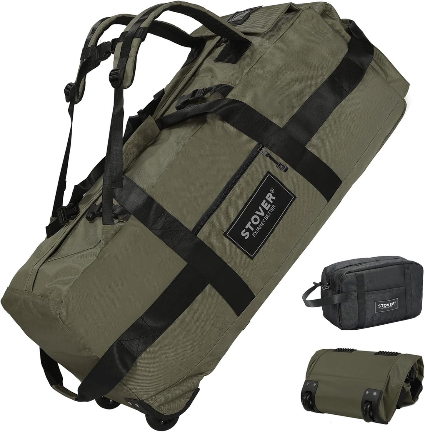 STOVER 80L Rolling Duffel Bag with Wheels, Large 31 Inch Durable Travel Duffle + Toiletry Bag, Heavy Duty, Packable, Foldable w/Shoulder Straps- Use as Luggage or Backpack, Men/Women (Green)