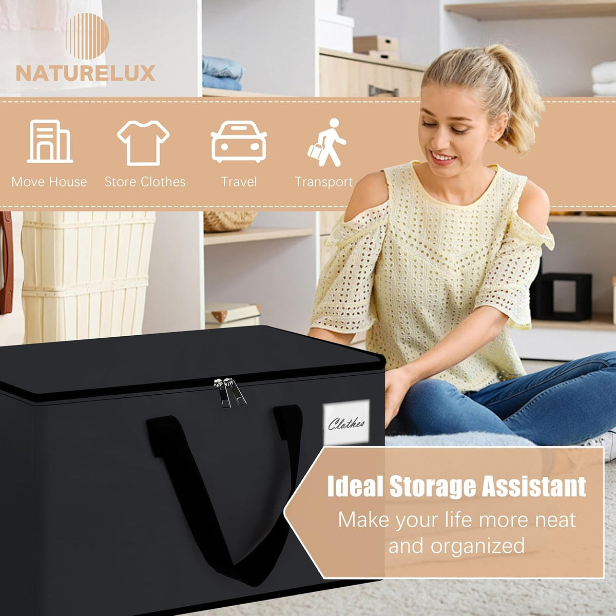 Heavy Duty Moving Bags - Extra Large Packing Bags and Storage Totes, Collapsible and Foldable Option for Moving and Storage, Black, 125 L - 6 Pack