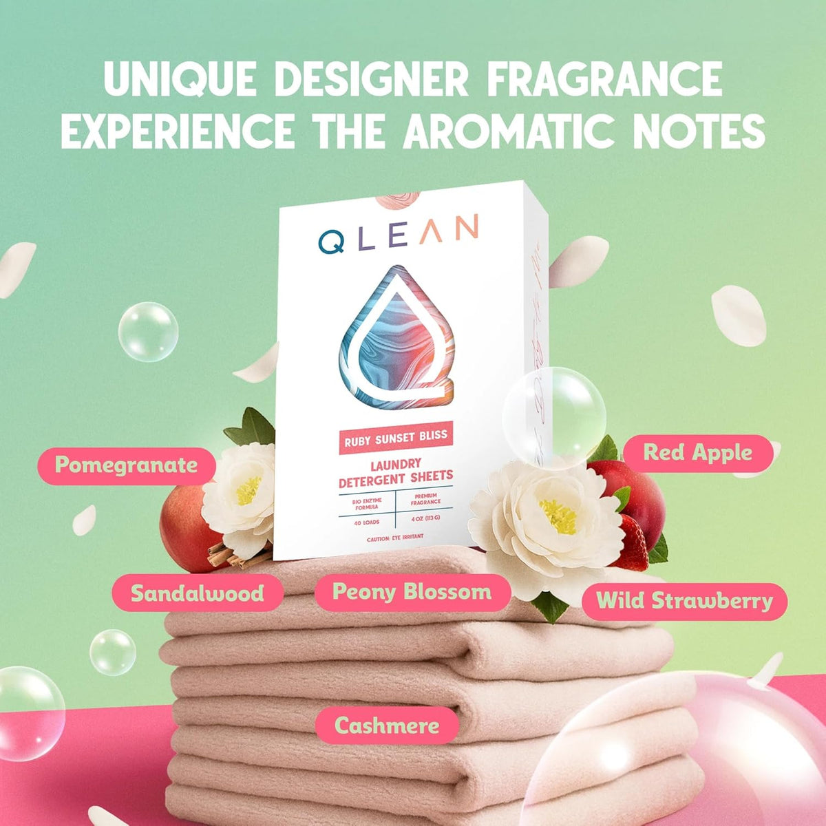 QLEAN Laundry Detergent Sheets (Travel Size 40 Loads) – Travel Laundry Detergent Sheets, Eco-Friendly Laundry Soap, HE & Standard Washer Safe, Stain Remover, Skin-Friendly - Ruby Sunset Bliss