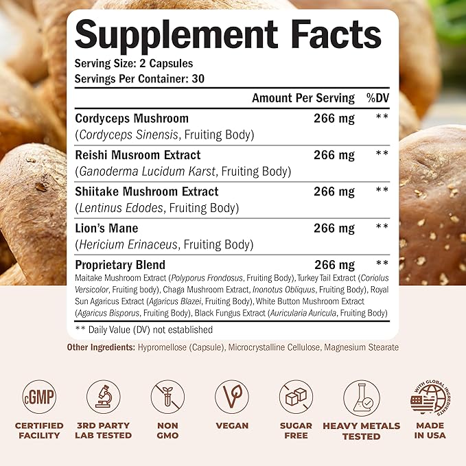 10-in-1 Mushroom Powder Supplement - Lion’s Mane Powder, Reishi Mushroom, Cordyceps, Chaga & more. Mushroom Complex Capsules for Memory, Focus, Immune Support, Energy. 60 Turkey Tail Mushroom Capsules