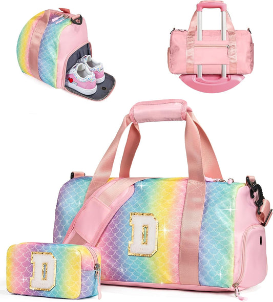 Cute Preppy Gifts for Girls-Girl Gym Bag with Shoe Compartment, Kid Personalized Weekender Overnight Bags, Initial Travel Tote with Makeup Pouch, Daughter In Law Gift (Letter D)