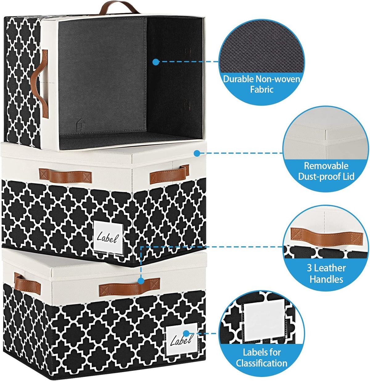 GhvyenntteS Extra Large Storage Bins with Lids, Foldable Fabric Storage Boxes with Lids and 3 Leather Handles, Sturdy Storage Baskets with Label Window (6 Pack, White&Lattice Black)