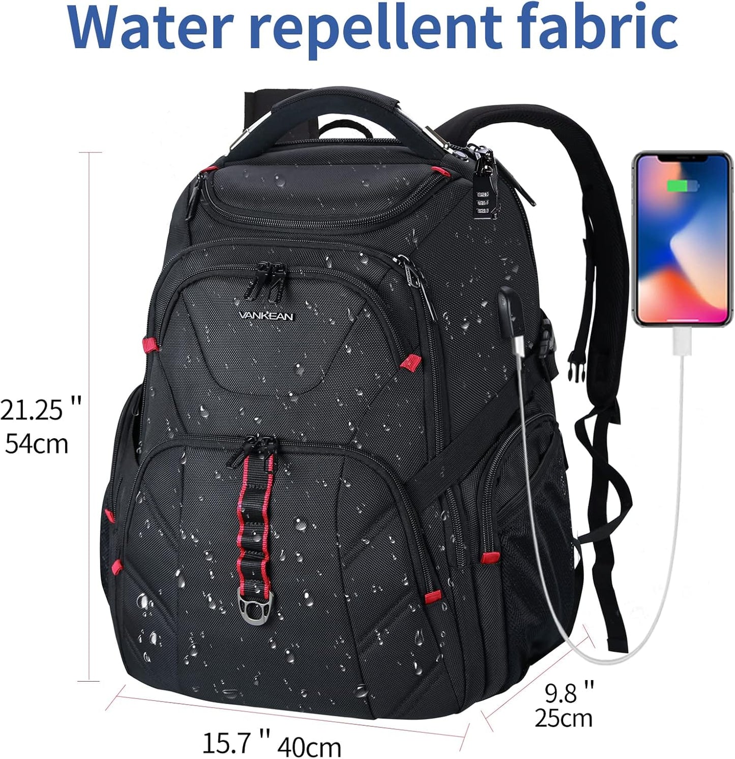 VANKEAN 17.3'' Travel Laptop Backpack TSA Friendly, Water Resistant Anti Theft Extra Large College Backpacks with RFID Pockets, USB Port for Men Women Business Work Bag, Black
