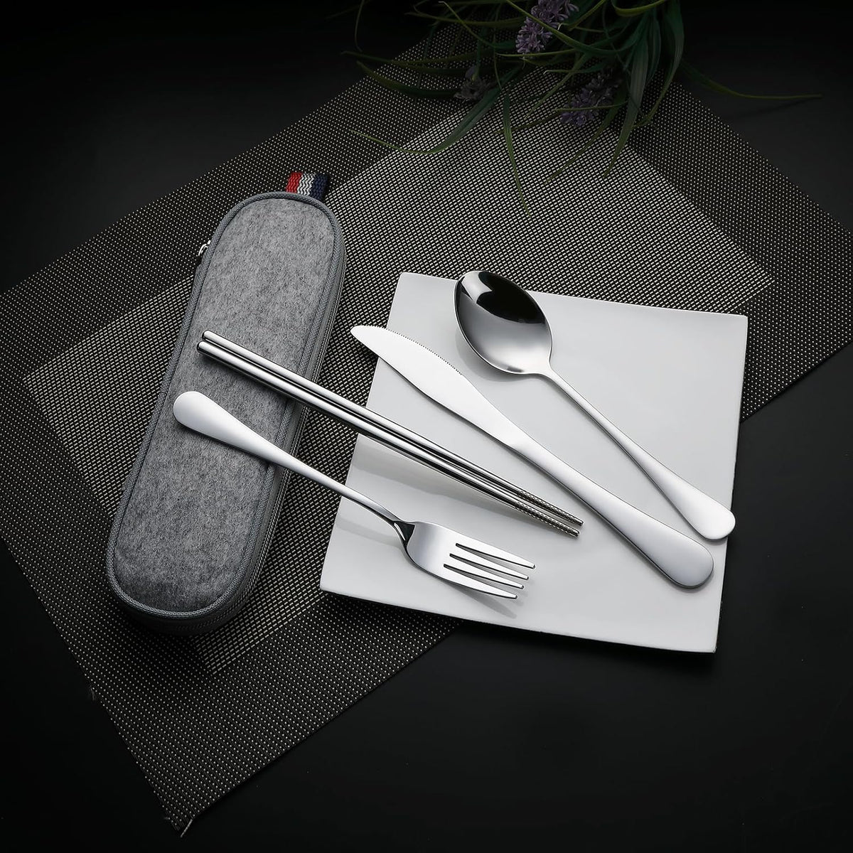 DEVICO Camping Utensils, Portable Travel Utensils with Case, Stainless Steel Reusable Silverware for Lunch Adult, 5Pcs Cutlery Set Includes Knife Spoon Fork Chopsticks and Case (Silver)