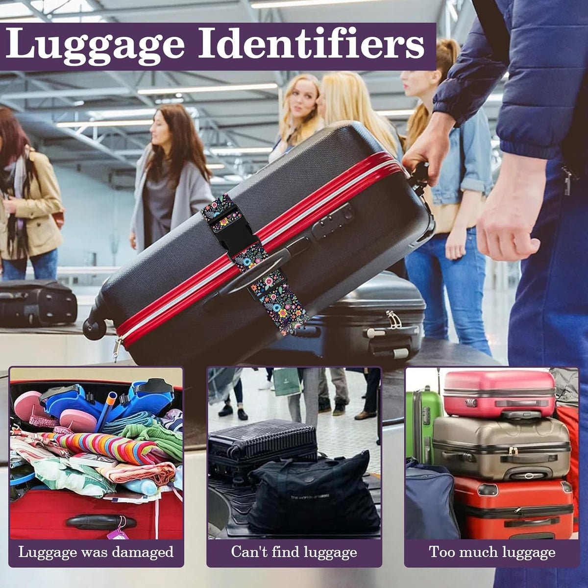 Luggage Straps for Suitcases TSA Approved, Luggage Identifiers for Suitcase, Adjustable Suitcase Strap for Baggage Security with Cute Patten, Travel Necessary Accessories 2Pack (Color Retro)