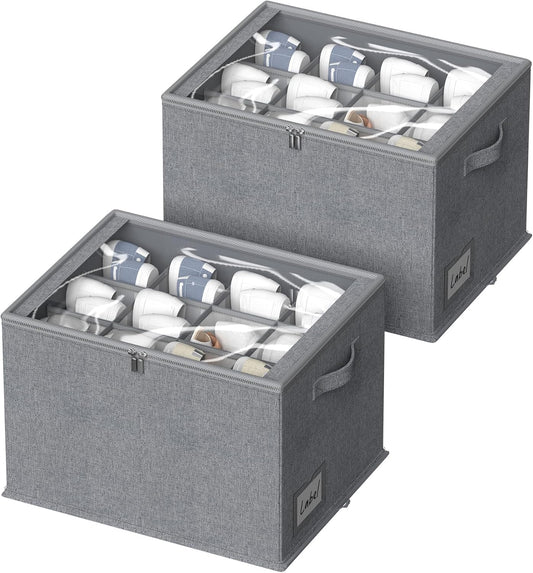2 Pack Shoe Organizer for Closet - Shoe Storage Bins with Clear Cover, Fabric Shoe Storage Containers with Reinforced Handles, Fits up to 24 Pairs (Grey, 16.5 * 12.6 * 12.2in)