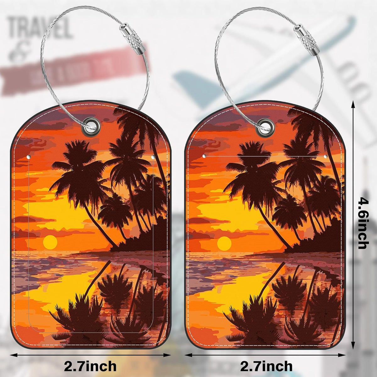 Sunset Beach and Palm Tree Leather Luggage Tag for Suitcase 2 Pack Luggage Tag with Privacy Name ID Label and Stainless Steel Loop for Travel Bag Suitcase