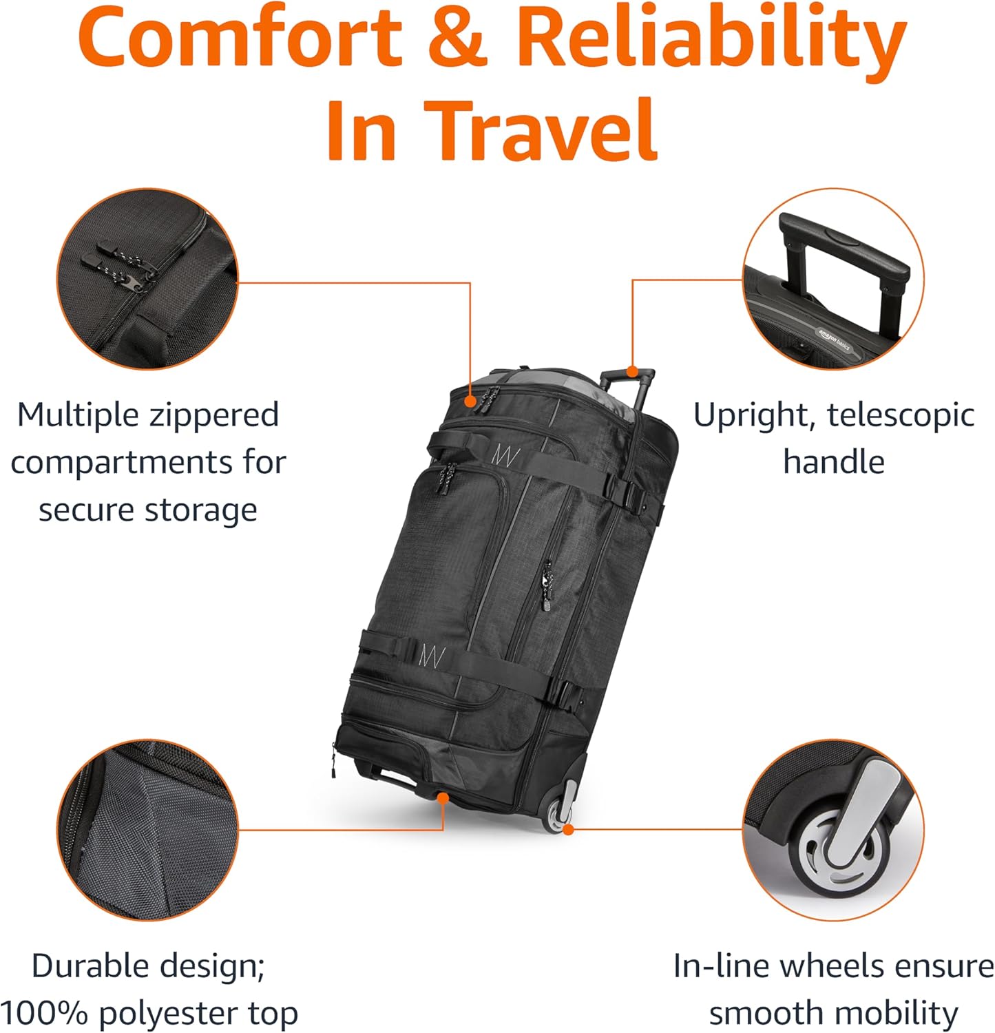 Amazon Basics 30-Inch Large Rolling Duffle Bag with Wheels and Handle, Travel Duffle Bag with Durable Ripstop Polyester Material, 2 Layers of Space, Multiple Interior and Exterior Pockets, Black