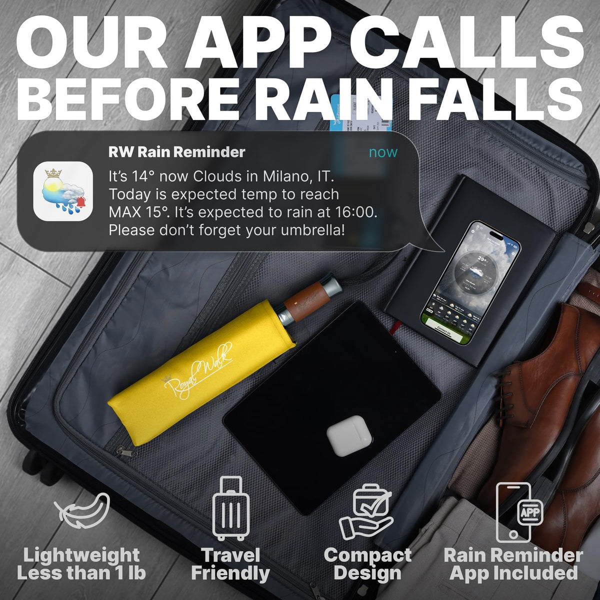 Royal Walk Windproof Folding Travel Umbrella Compact and Strong Luxurious Real Wood Handle Automatic Open Close Vented Double Canopy for Men and Women
