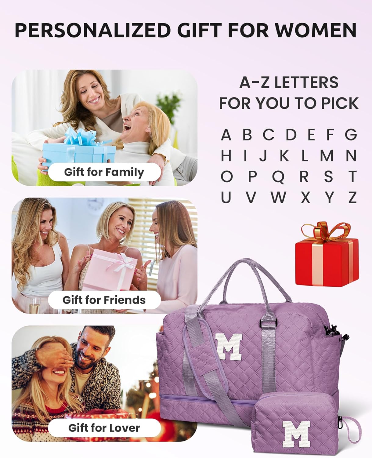 Personalized Gifts-Initial Overnight Bag with Shoe Compartment, Personalized Weekender Bag, Monogram Overnight Bag, Letter Travel Bag with Makeup Bag，Birthday Gift For Women Girl (Letter Q)