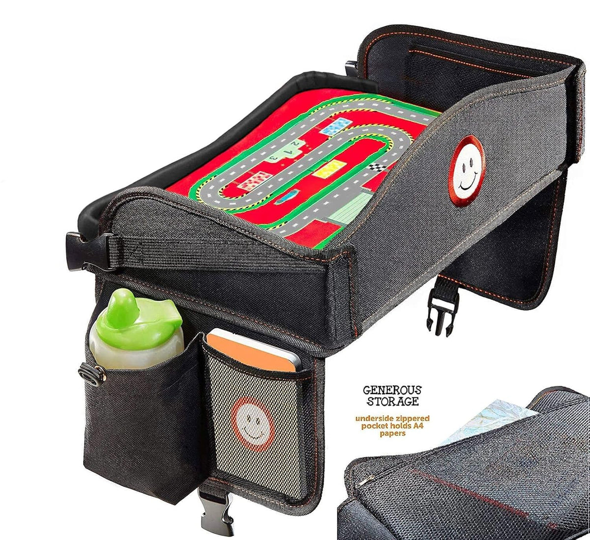 Coolmum Kids Travel Tray, Toddler Car Seat Tray, Double Sided Activity Organizer, Snack Lap Tray, Baby Stroller Table, Airplane Play Table, Waterproof and Foldable (Premium Black)