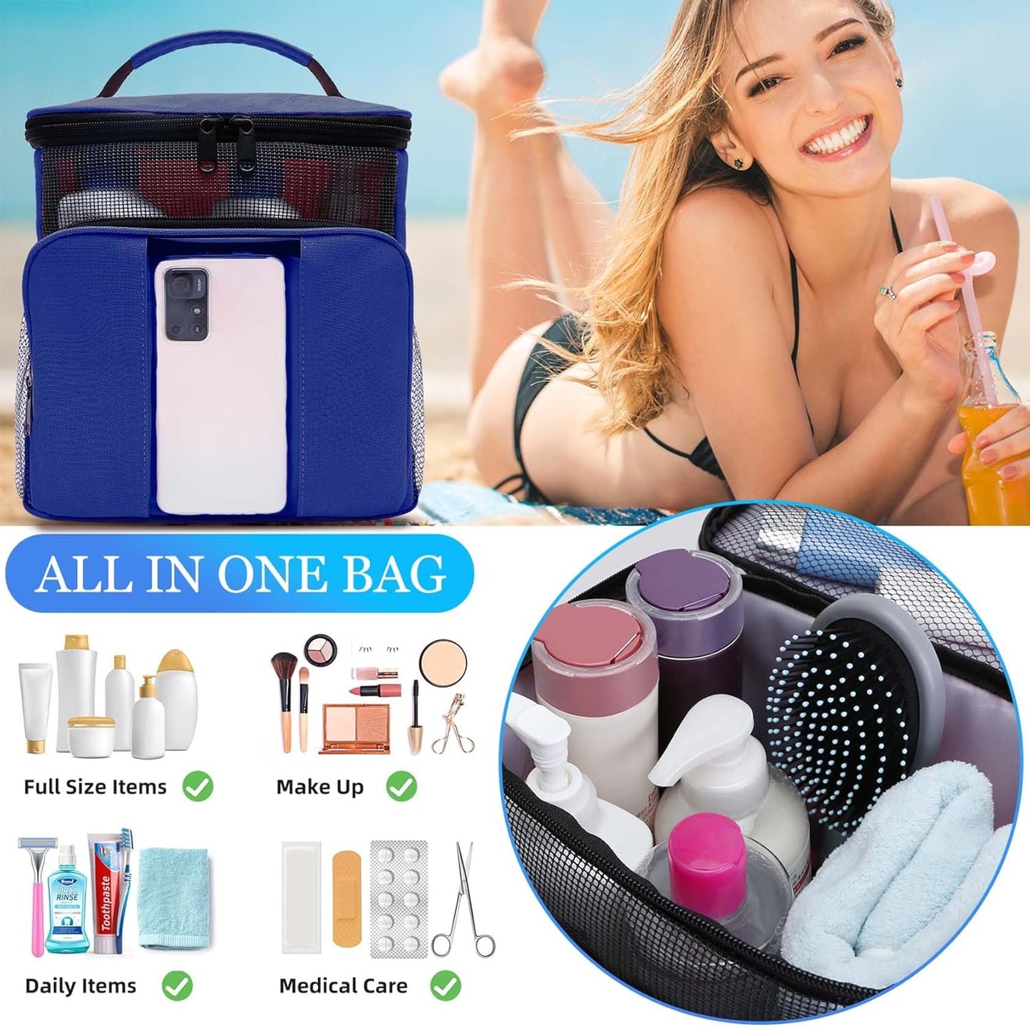 Mesh Shower Caddy,Portable HangingTravel Toiletry Bag Dorm Room Essentials for College Students Girls,Large Makeup Organizer for Full-Sized Toiletries,Travel Essentials for Women Girls Camping Beach