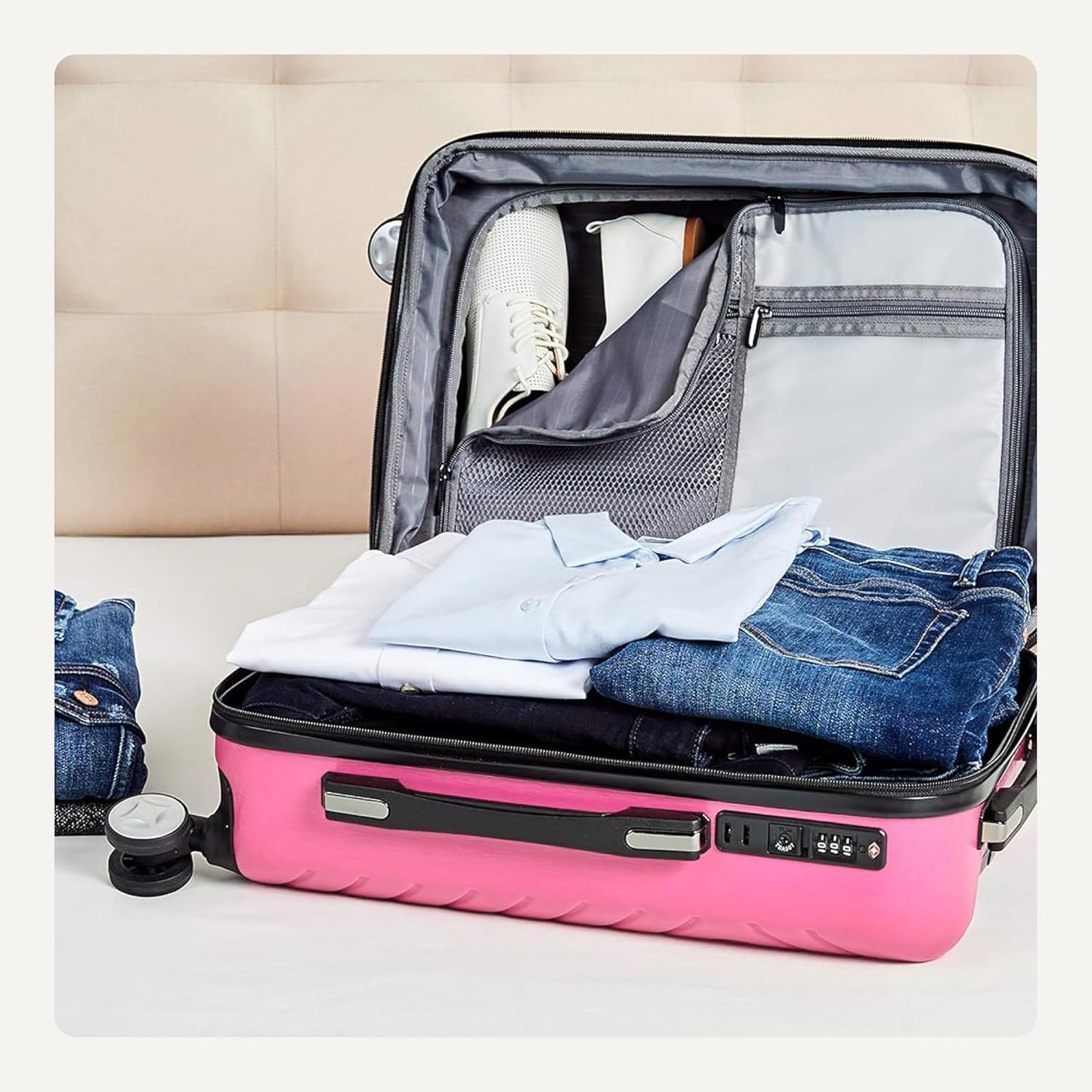 Amazon Basics 21" Hardside Carry-On Luggage with TSA Lock, Hardshell Suitcase With Wheels, Expandable For 25% More Capacity, With Scratch-Resistant Geometric Surface, 4 Multi-directional Wheels, Pink
