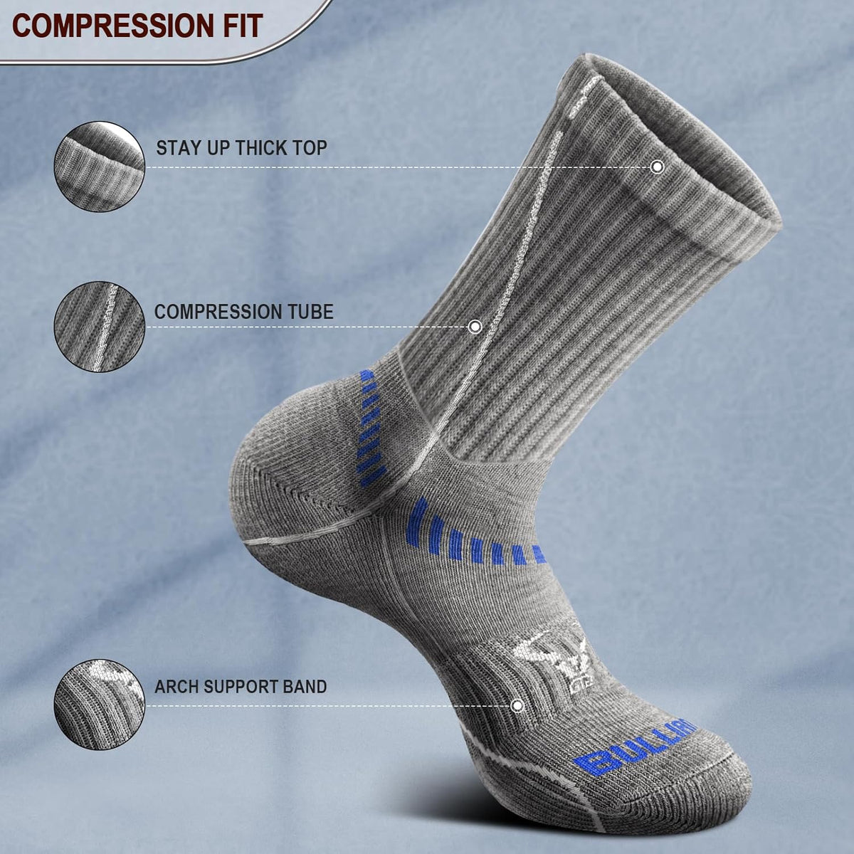BULLIANT Compression Socks for Men 6Pairs, Athletic Crew Socks Cushioned For Men Sports Running-Arch Support
