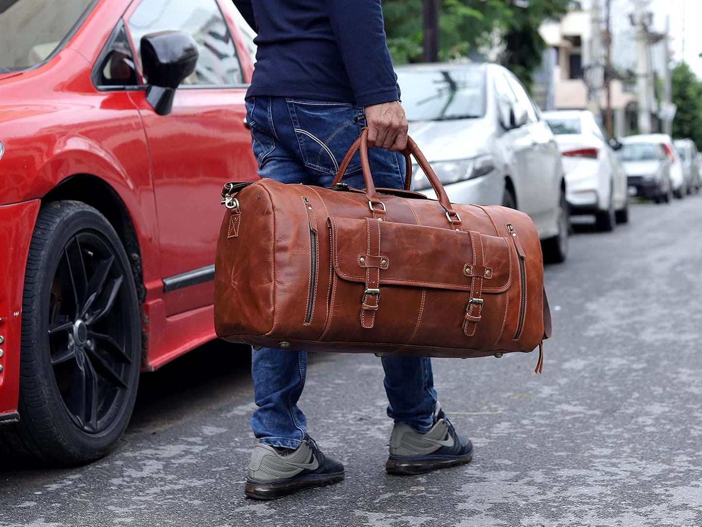 Duffle Leather Travel Bag for Women Men Gym Sports Overnight Weekend Airplane Cabin Bag 28 Inch Large Size Travel Bag with Shoe Compartment by Cureo