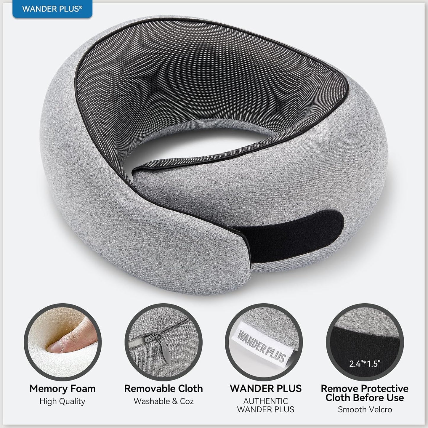 WANDER PLUS® Travel Neck Pillow, Pure Memory Foam Neck Pillow for Airplanes, Comfortable Breathable Cover, 360 Degree Support Ergonomic Design Best for Sleeping Plane Train Travel Essentials Max Black