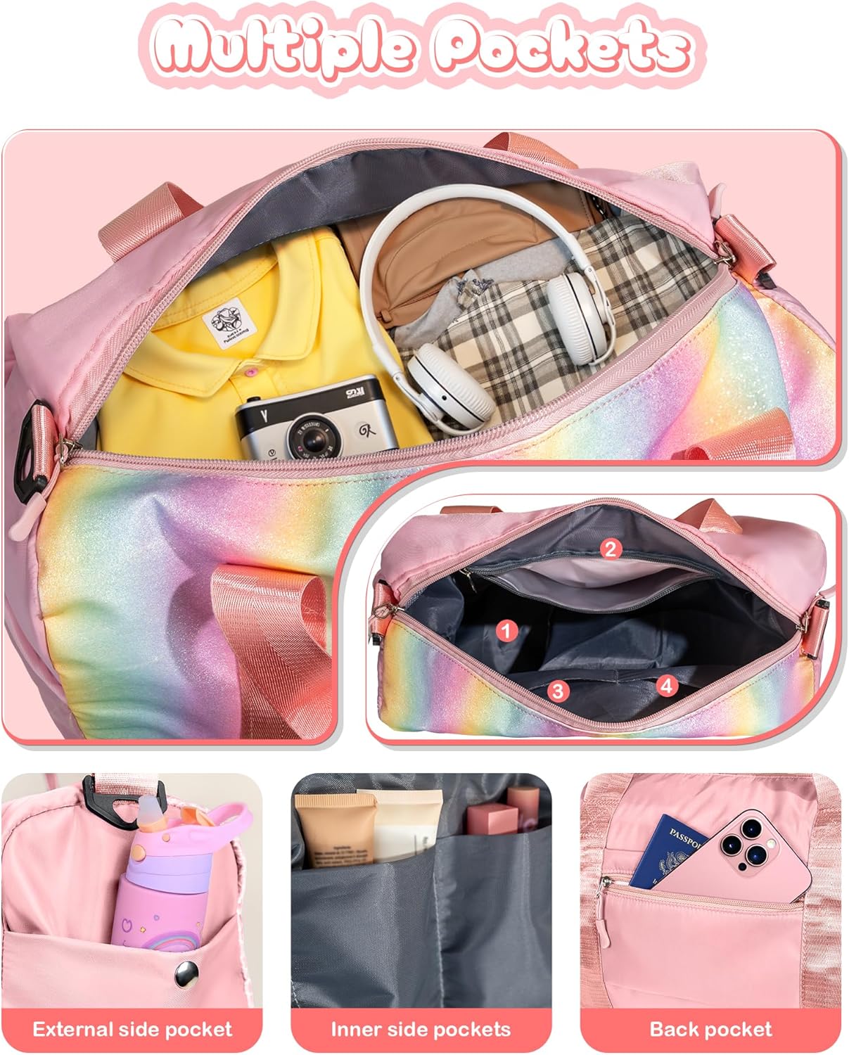 Gifts for 4 5 6 7 8 9 10 Year Old Girls-Girl Gym Bag with Shoe Compartment, Kid Personalized Weekender Overnight Bags, Initial Travel Tote with Makeup Pouch, Gift for Daughter (Letter G)