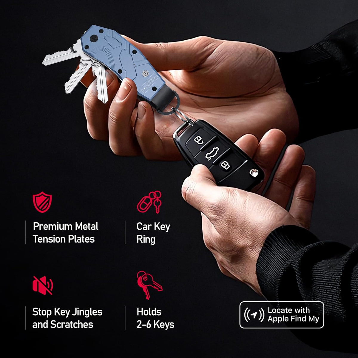 Air Keychain, Key Organizer Works with Apple Find My, Built-in airtag Chips, Holds 2-6 Keys, Car Key Chains with GPS Tracker, Key Finder, Minimalist Key Holder for Men and Women, (iOS Only) (Blue)