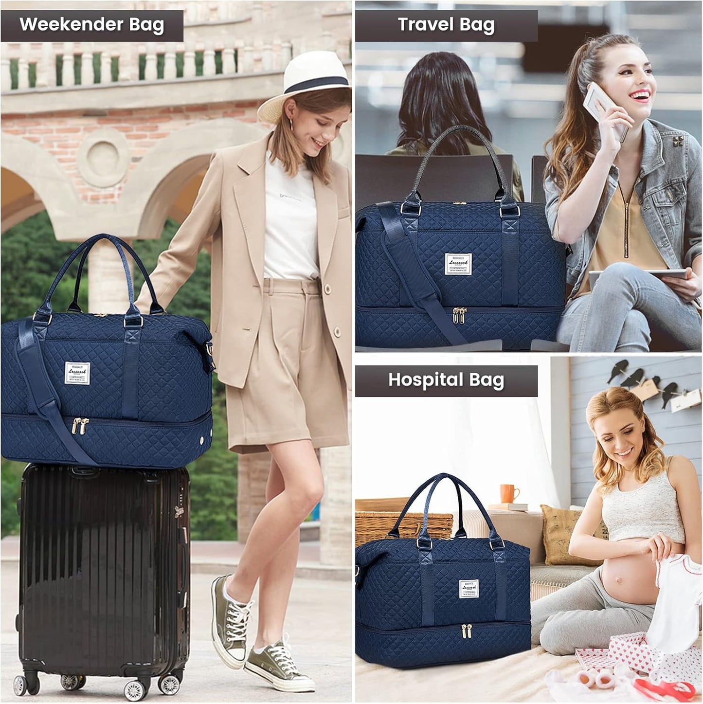 LOVEVOOK Travel Duffle Bag,Weekender Bags for Women with Shoe Compartment，Carry on Overnight Bag with Toiletry Bag,Gym Duffel Bag with Wet Pocket, Hospital Bags for Labor and Delivery