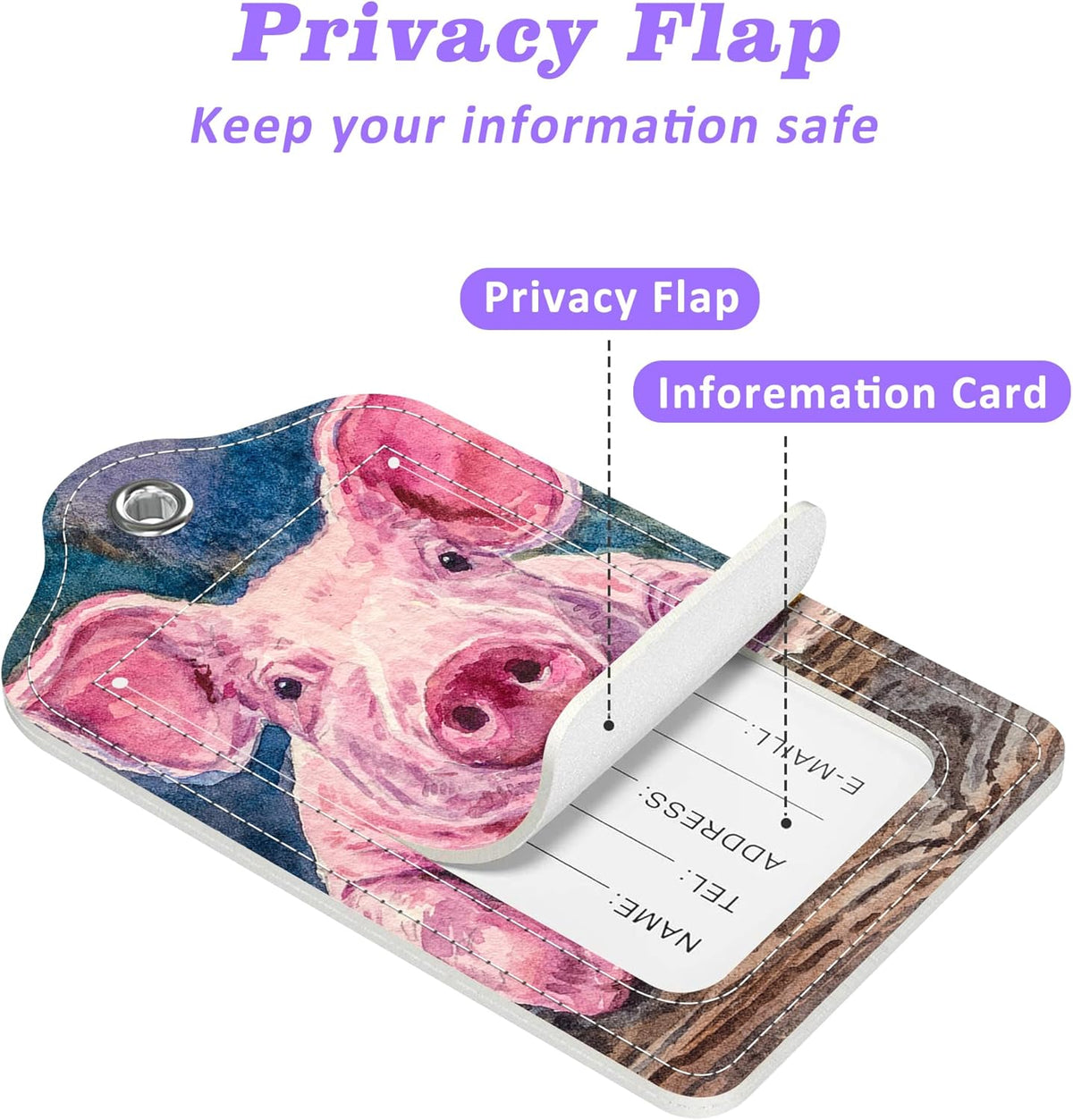 Set of 2 Luggage Tags Cute Baby Piggy Leather Suitcases Tag with Privacy Cover Stainless Steel Loop and Address Card for Women Men Travel