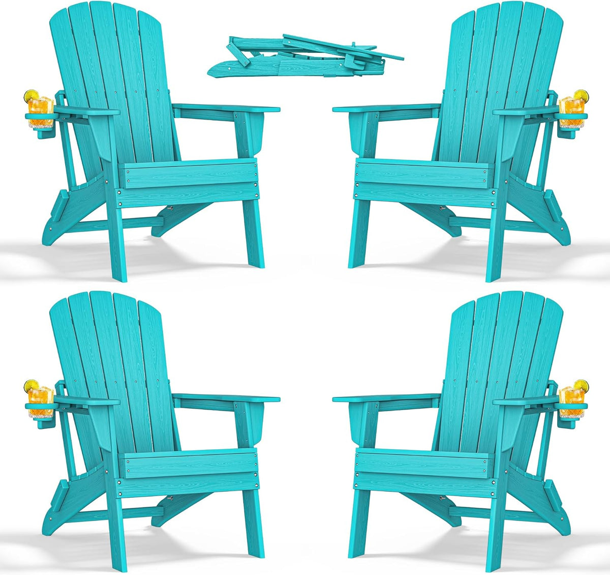Folding Adirondack Chair - Extended Ergonomic Backrest, Cup Holder - Easy Assembly - Durable HDPE Plastic, Weather Resistant & Maintenance-Free - Lawn, Patio, Deck Supports 380lbs Aruba