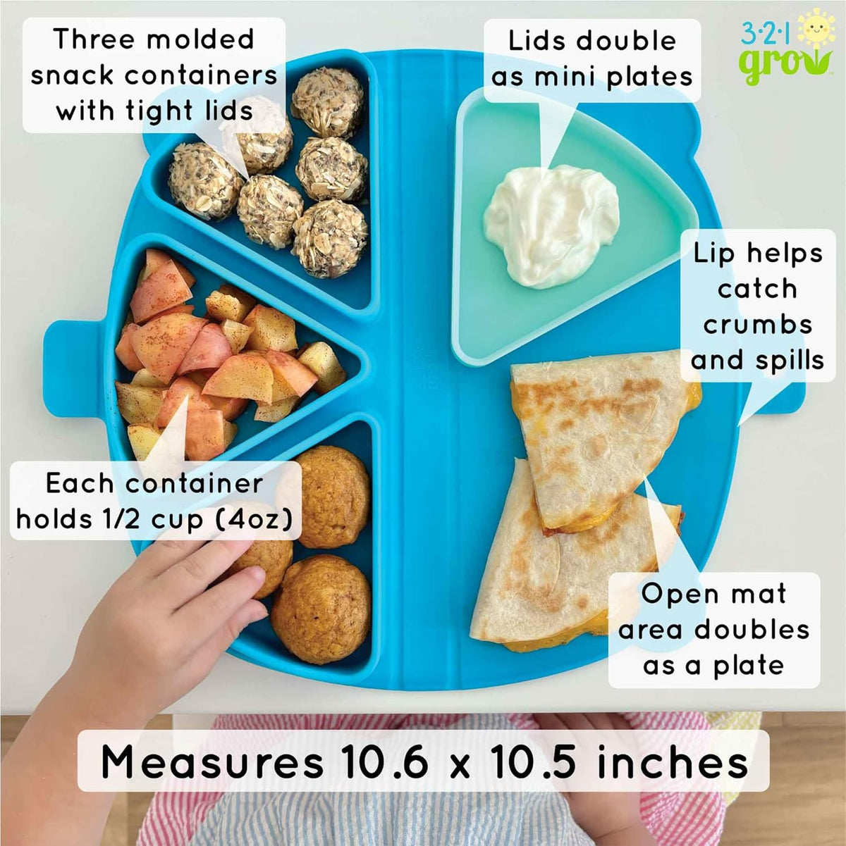 On-The-Go Snack Mat – Baby Silicone Travel Dining Placemat – Portable Silicone Toddler Plate – Reusable Snack Container with 3 Compartments and Lids for 6 Months + (Ocean)