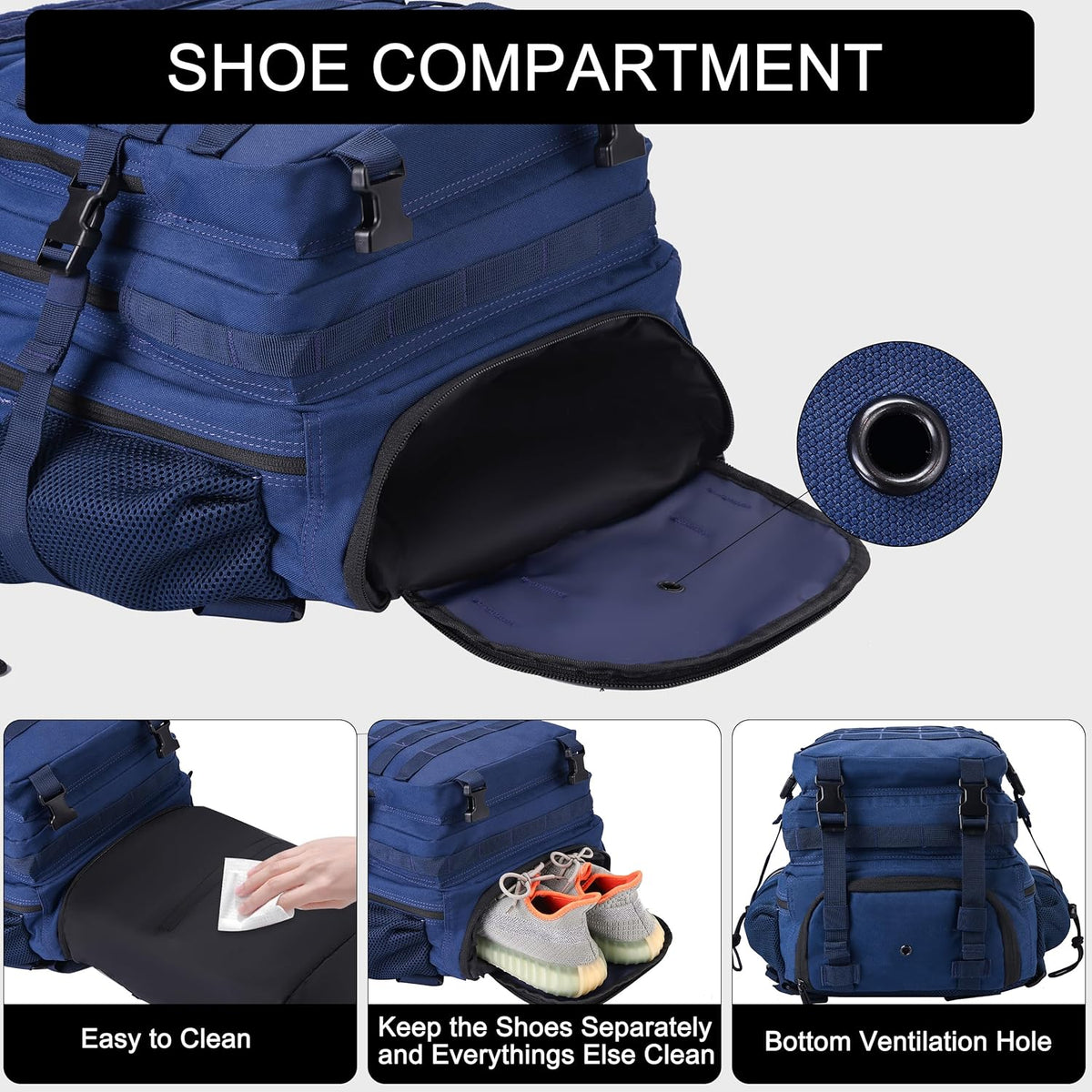 LHI Military Tactical Backpack for Men and Women 45L Army 3 Days Assault Pack Bag Large Rucksack with Shoe Compartment - Black and White