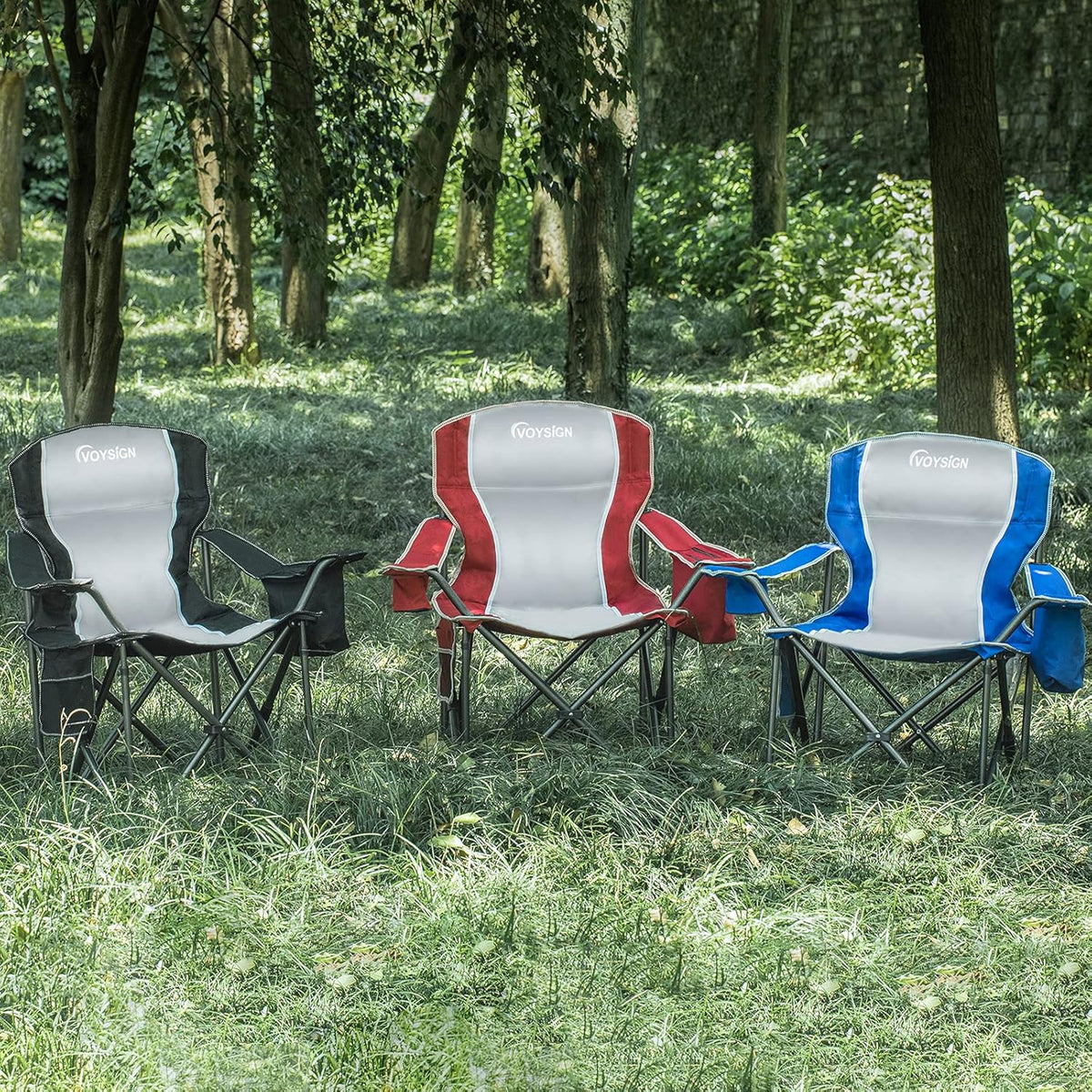 Padded Camping Chairs for Adults, Oversized Folding Outdoor Chairs Red Color, Weight Capacity 475lbs, with Cooler Bag, Cup Holder, Storage Pocket, Carry Bag