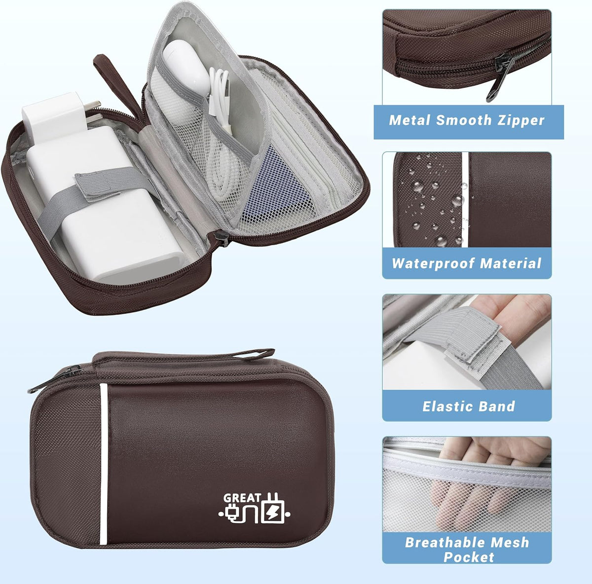 Electronics Organizer,Travel Cord Organizer Pouch, Portable Cable Organizer Bags, Waterproof Electronic Accessories Storage Case for Cables, Cords, Charger, Phone (Single Layer-Small-Brown)