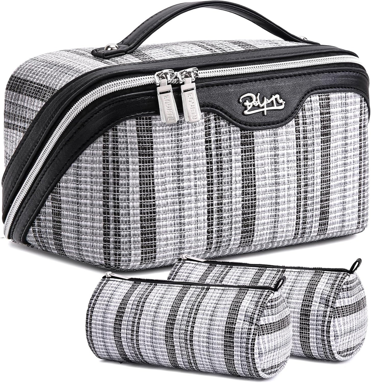 Travel Makeup Bag for Women: Large Capacity Open Flat Make up Bag Set of 3 - Vegan Leather Cosmetic Bag with Compartments - Waterproof Toiletry Bag with Handle & Divider(Black)