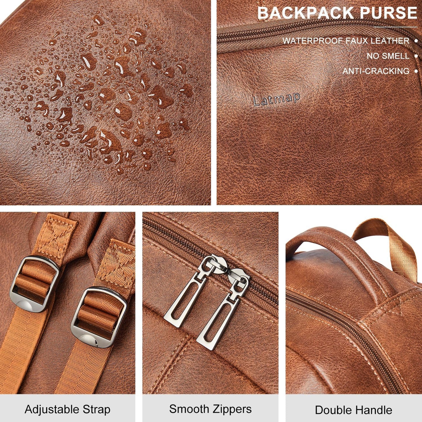 30L Business Laptop Backpack for Women Men, Travel Work Backpack Purse Faux Leather College Bookbag fits 15.6" Laptop - Brown
