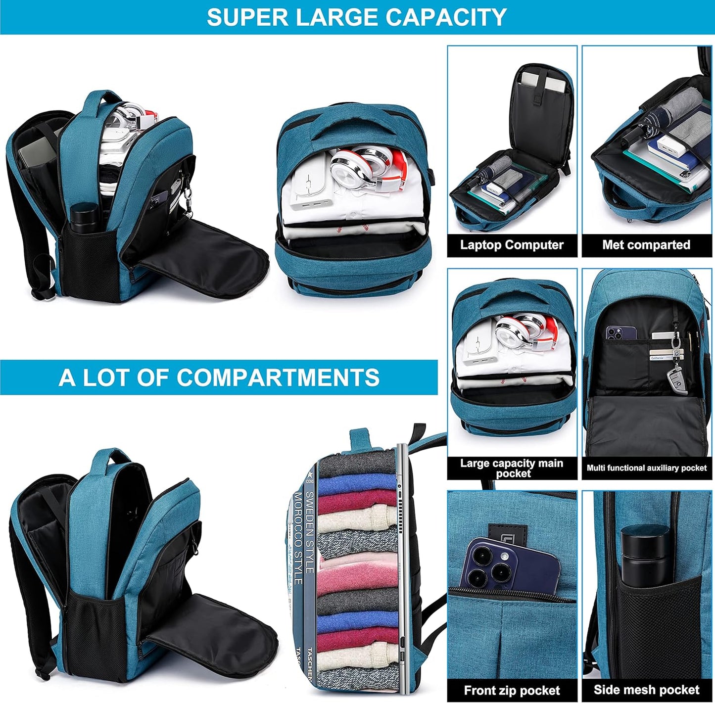 Backpack,Bookbag for Men and Women, 17.3 inch TSA Water Resistant Business Travel Laptop Backpack,Durable College School Backpack Bookbag for Teens, Lake blue