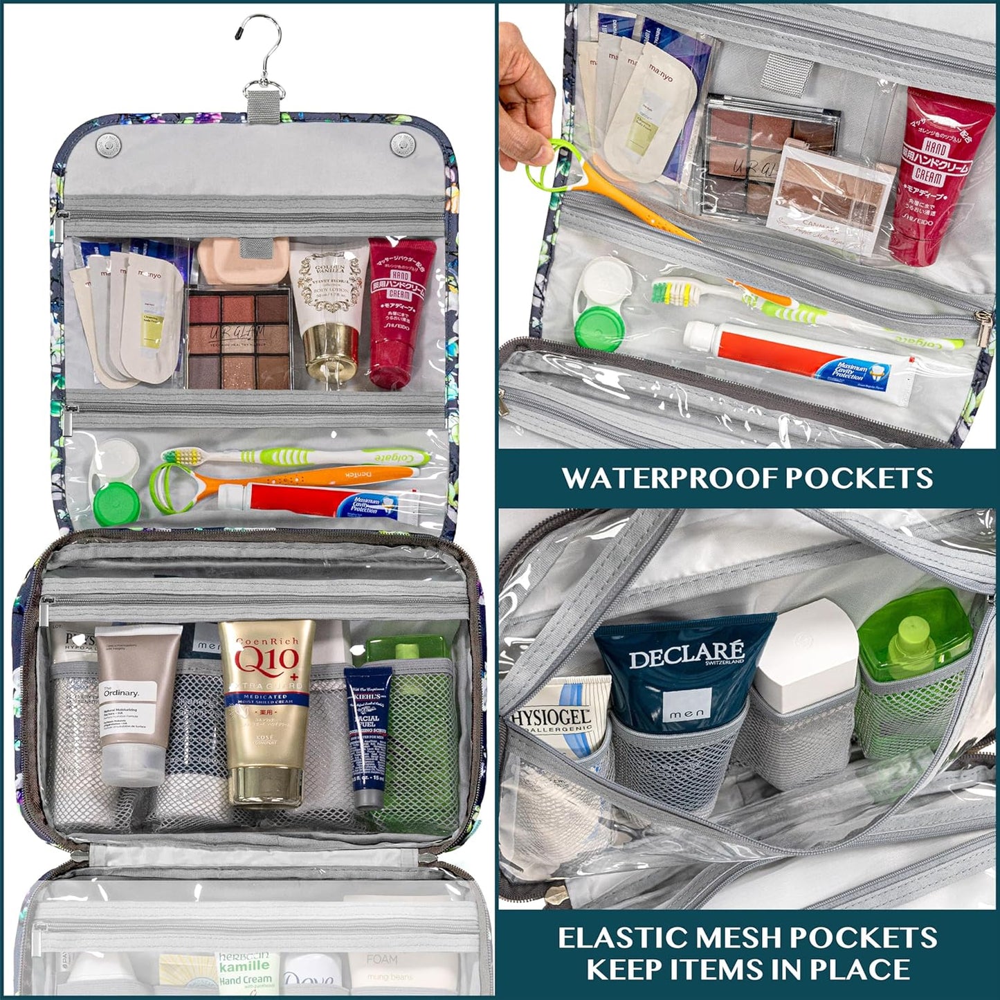 PAVILIA Hanging Toiletry Bag Women Men, Foldable Cosmetic Organizer Travel Bag, Water Resistant Makeup Bag Toiletries, Large Travel Essentials Kit (Grey Floral)