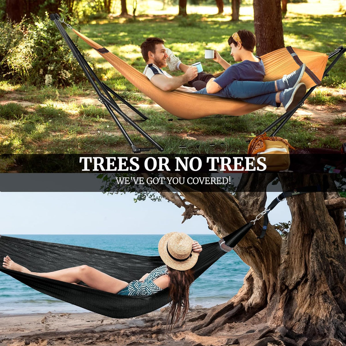 Tranquillo Universal Hammock with Stands Electro Static Coated Steel, Adjustable Foldable Hammock Stand with 2 Layered Polyester Net and Carry Bag for 2 Persons (Combo - Yellow)