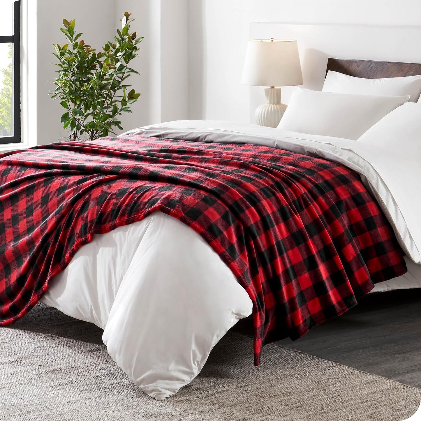 Bare Home Textured Fleece Blanket - Twin/Twin Extra Long - Ultra-Soft Lightweight for Bed, Sofa, and Couch - Luxury Microplush - Cozy Warm Blanket (Twin/Twin XL, Chester Buffalo Plaid - Red/Black)