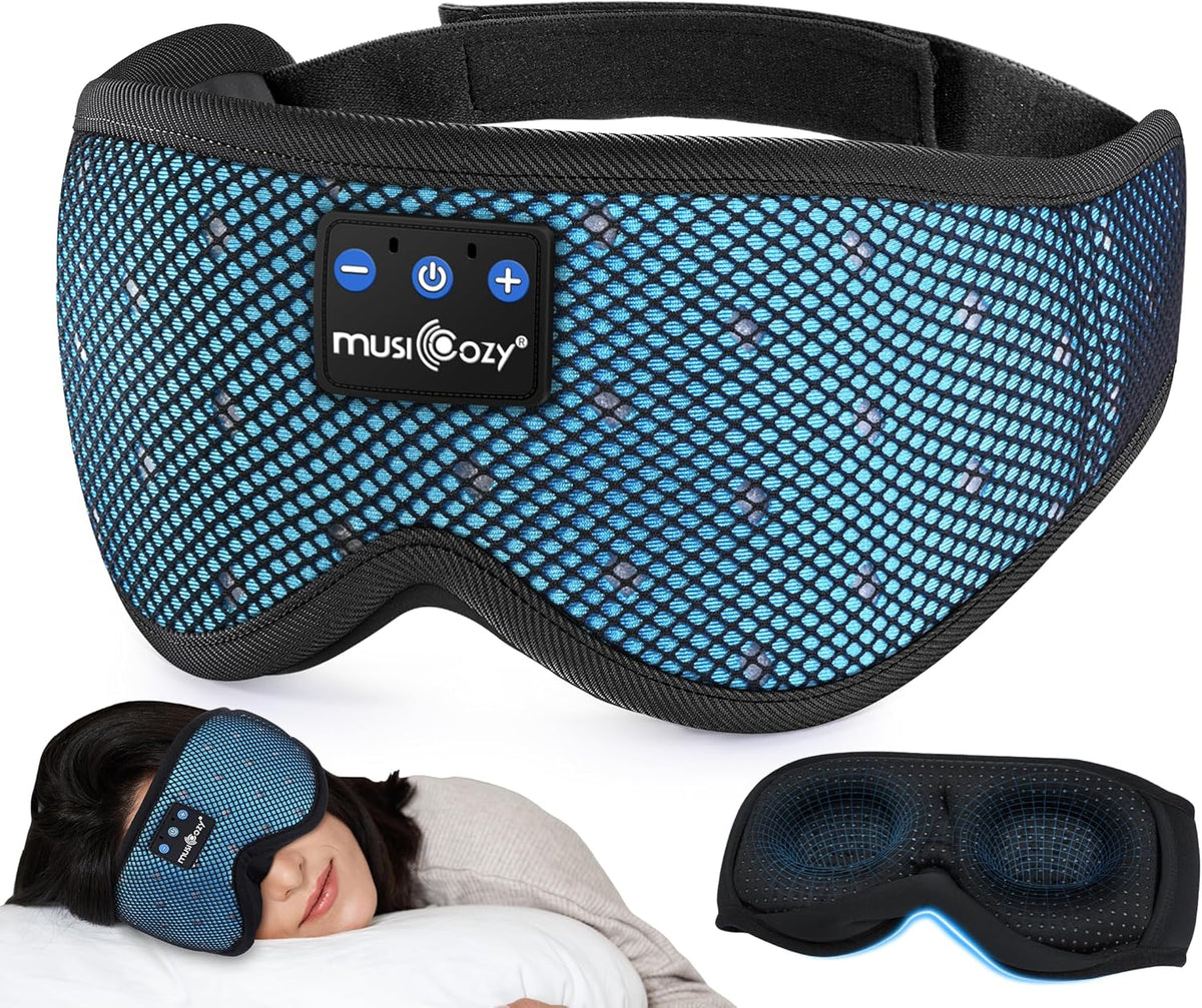 MUSICOZY Sleep Headphones Breathable Sleep Mask Bluetooth 5.4 Wireless Earphones Mask Sleeping Eyemask for Side Sleepers for Women Men Travel Meditation Gift (Mesh Blue)