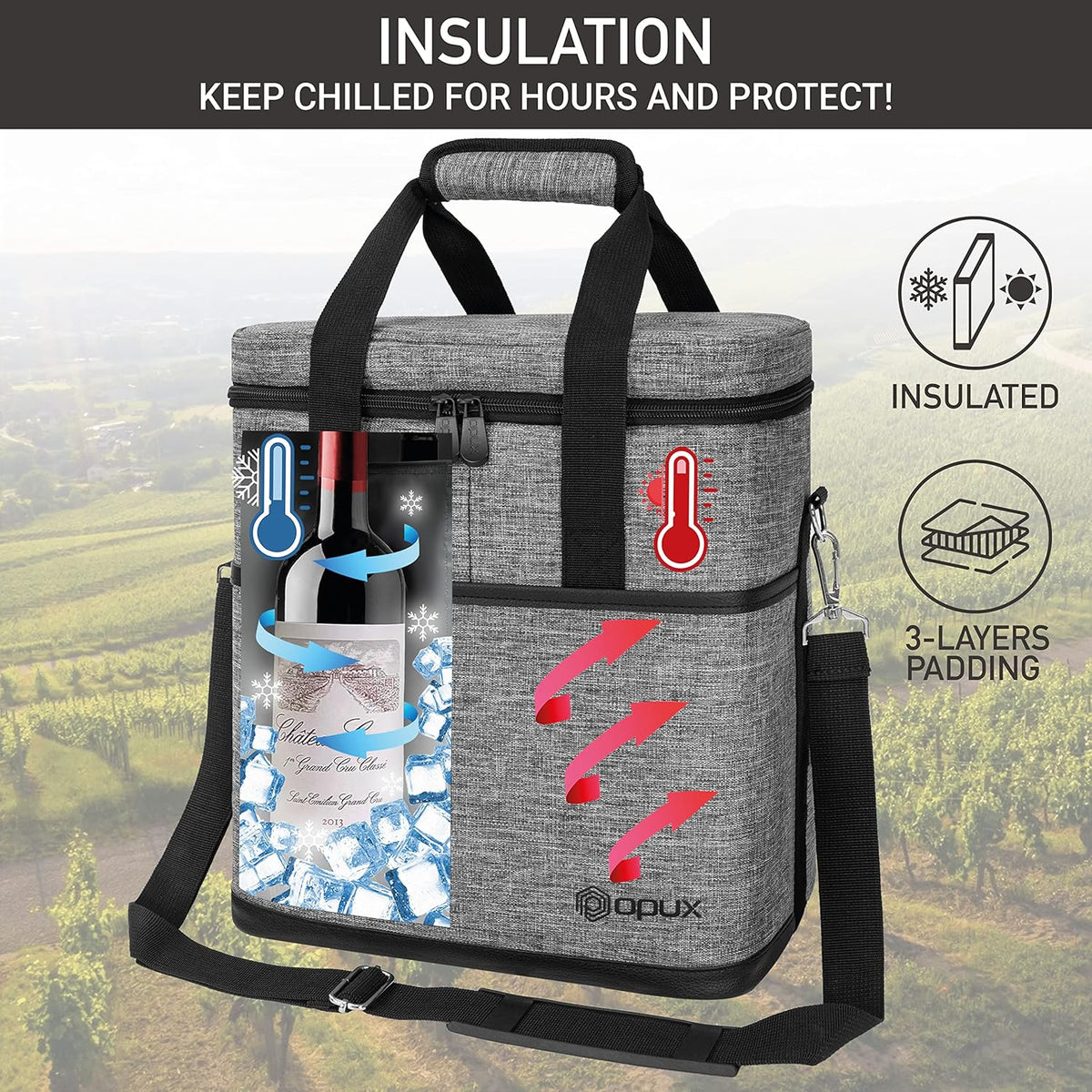 opux 6 Bottle Carrier Tote | Insulated Padded Wine Cooler Bag for Travel. Picnic, BYOB | Portable Leakproof Wine Tote Bag for Dinner, Party, Christmas, Wine Gift for Women, Men (Heather Gray)