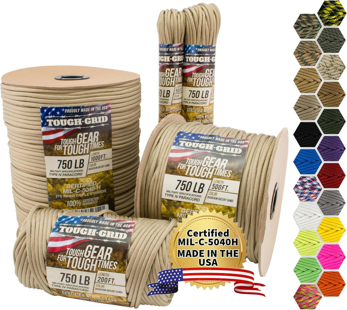 TOUGH-GRID 750 Paracord Rope Nylon Parachute Cord, Made in USA Survival Kit, Outdoor Adventures, Camping, Tactical Gear & Emergency Supplies, Military Type IV Mil-Spec