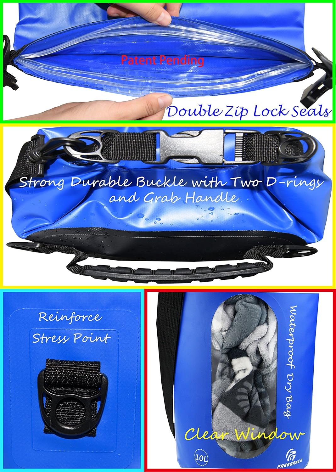 Freegrace Waterproof Dry Bags Set of 3 Dry Bag with 2 Zip Lock Seals & Detachable Shoulder Strap, Waist Pouch & Phone Case - Can Be Submerged Into Water - for Swimming (Navy Blue(Window), 20L)