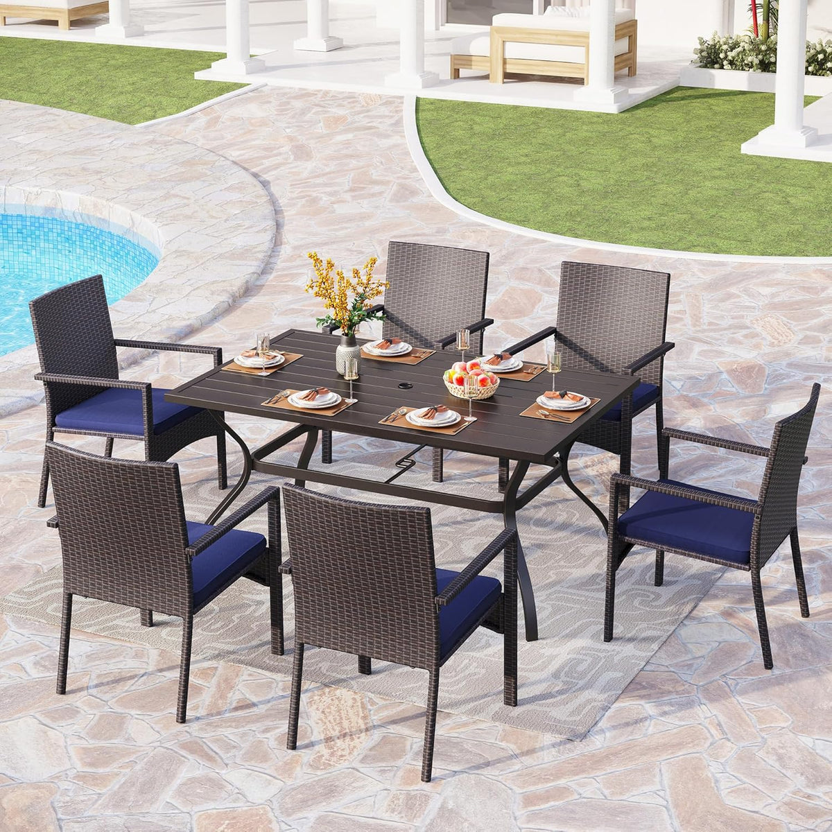 PHI VILLA Outdoor Rattan Dining Chairs Set of 6, Modern Wicker Armchair with Cushions for Patio, Deck, Yard, Porch - Brown