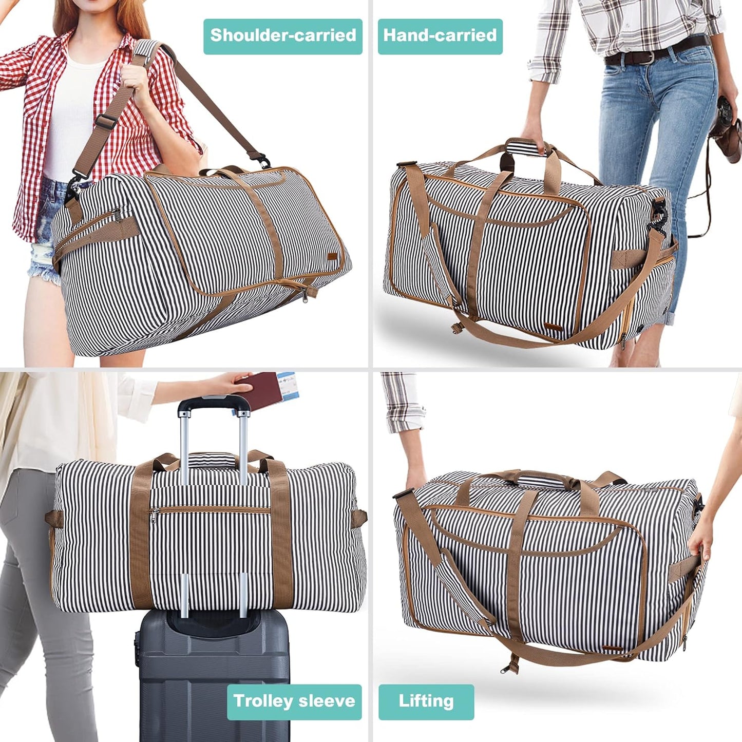 80L Duffle Bag for Travel, Large Foldable Waterproof Travel Duffel Bags Weekender Overnight Bag for Men and Women with Shoe Compartment (Stripe)