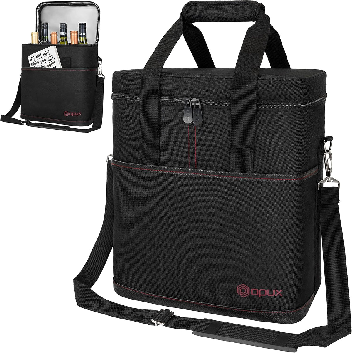 opux 6 Bottle Carrier Tote | Insulated Padded Wine Cooler Bag for Travel. Picnic, BYOB | Portable Leakproof Wine Tote Bag for Dinner, Party, Christmas, Wine Gift for Women, Men (Black)