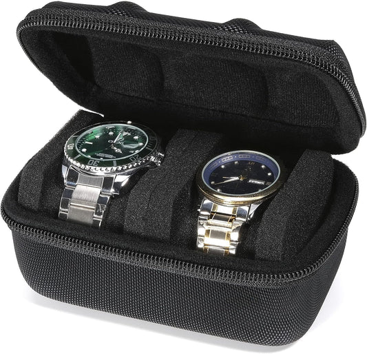 Hard Compact Watch Roll travel case, 2 Slots Portable holder and Organizer with Soft Pillow, keep watch from moving(fit up to 55 mm)
