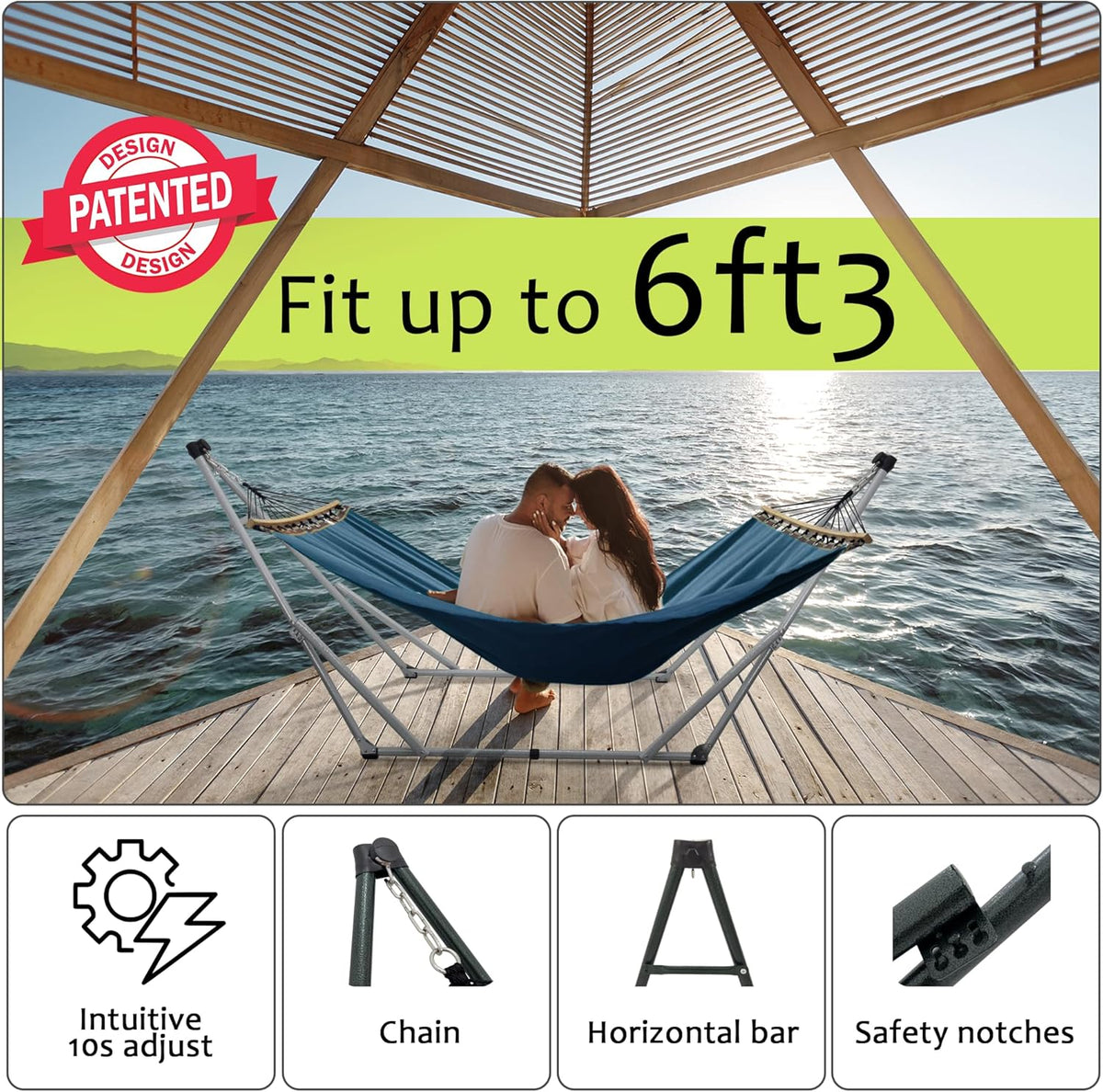 Tranquillo Ultimate Relaxation Portable Hammock Stand, Foldable Hammock Stand with Canvas Hammock, Spreader Bar, Quick Fold Unfold in 30 Seconds Steel Frame Hammock 600 lbs Capacity, White/Blue